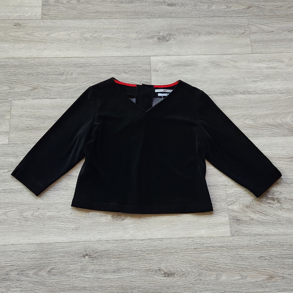Tommy Hilfiger Velvet Top Womens 14 Three Quarts Sleeves Buttons V Neck